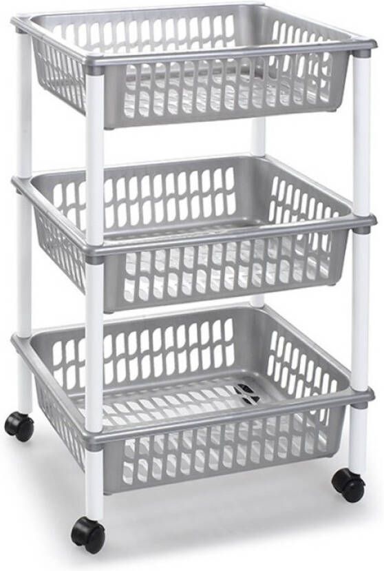 Forte Plastics Opberg trolley roltafel organizer met 3 manden 40 x 30 x 61 5 cm zilver wit Etagewagentje karretje met opbergkratten Opberg trolley
