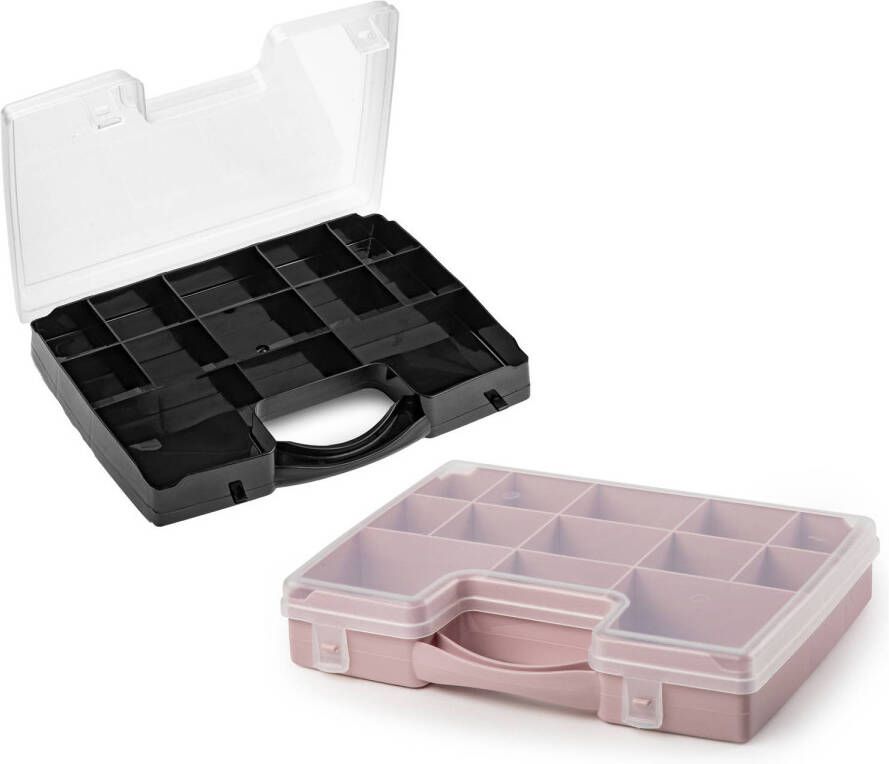 Forte Plastics 2x opberg vakjesdoos Sorteerboxen 13-vaks kunststof 27 x 20 x 3 cm zwart en oud roze Opbergbox