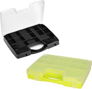 Forte Plastics 2x opberg vakjesdoos Sorteerboxen 13-vaks kunststof 27 x 20 x 3 cm zwart en groen Opbergbox
