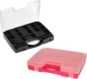 Forte Plastics 2x opberg vakjesdoos Sorteerboxen 13-vaks kunststof 27 x 20 x 3 cm zwart en roze Opbergbox
