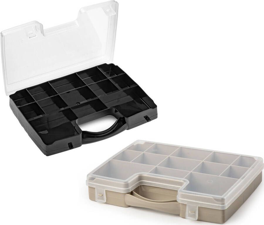 Forte Plastics 2x opberg vakjesdoos Sorteerboxen 13-vaks kunststof 27 x 20 x 3 cm zwart en taupe Opbergbox