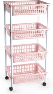 Forte Plastics Opberger organiser trolley roltafel met 4 manden 85 cm oud roze Etagewagentje karretje met opbergkratten Opberg trolley