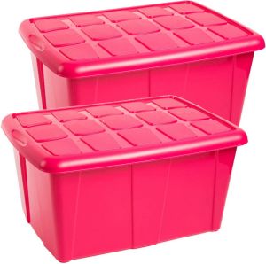 Forte Plastics Opslagbox kist van 60 liter met deksel 2x Fuchsia roze kunststof 63 x 46 x 32 cm Opbergbox