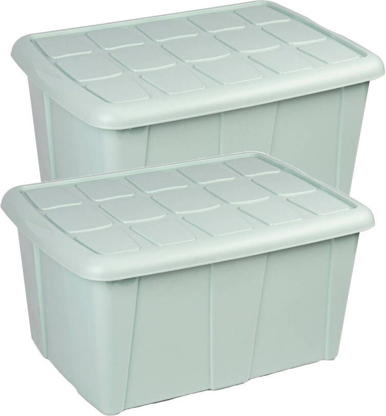 Forte Plastics Opslagbox kist van 60 liter met deksel 2x Mintgroen kunststof 63 x 46 x 32 cm Opbergbox