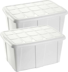 Forte Plastics Opslagbox kist van 60 liter met deksel 2x Wit kunststof 63 x 46 x 32 cm Opbergbox