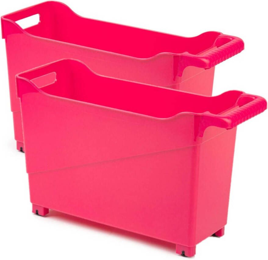 Forte Plastics Set van 2x stuks kunststof trolleys fuchsia roze op wieltjes L45 x B17 x H29 cm Voorraad opberg boxen bakken Opberg trolley