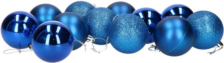 Gerimport 12x stuks kerstballen blauw mix van mat glans glitter kunststof 6 cm Kerstbal