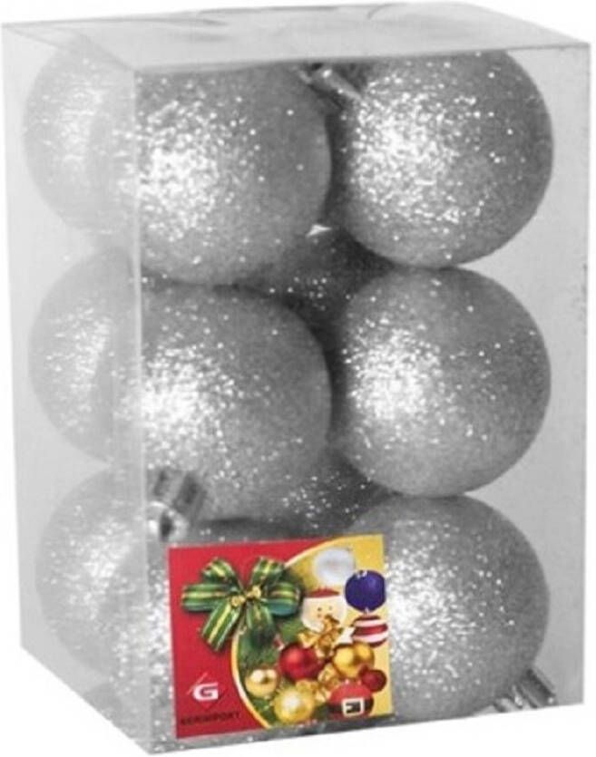 Gerimport 12x stuks kerstballen zilver glitters kunststof 6 cm Kerstbal