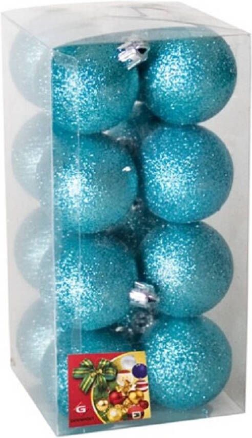 Gerimport 16x stuks kerstballen ijsblauw glitters kunststof 5 cm Kerstbal