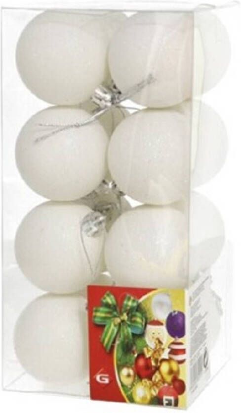 Gerimport 16x stuks kerstballen winter wit glitters kunststof 5 cm Kerstbal