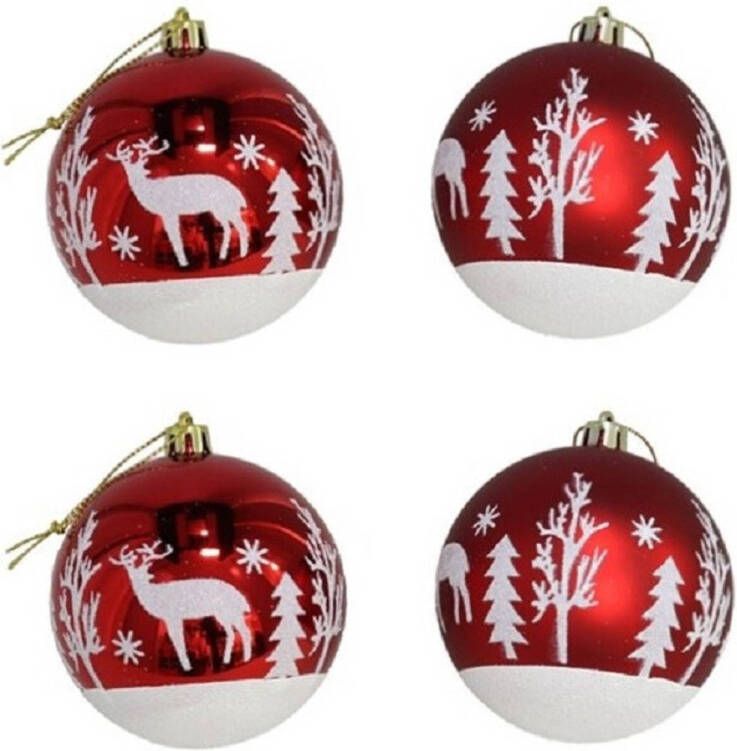 Gerimport 4x stuks gedecoreerde kerstballen rood kunststof 8 cm Kerstbal