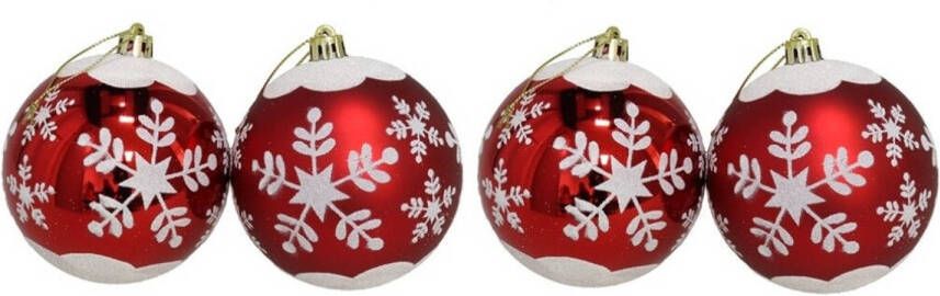 Gerimport 4x stuks gedecoreerde kerstballen rood kunststof 8 cm Kerstbal