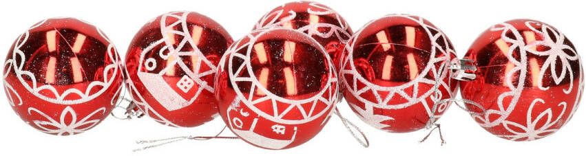 Gerimport 6x stuks gedecoreerde kerstballen rood kunststof 6 cm Kerstbal