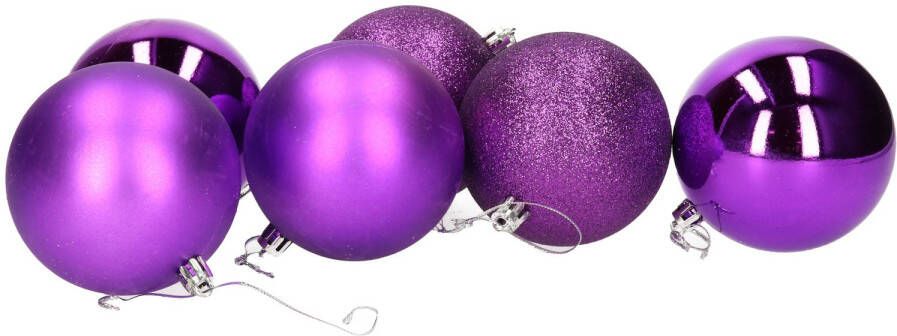 Gerimport 6x stuks kerstballen paars mix van mat glans glitter kunststof 8 cm Kerstbal