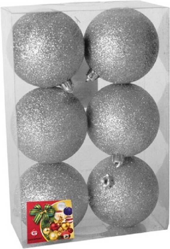 Gerimport 6x stuks kerstballen zilver glitters kunststof 8 cm Kerstbal