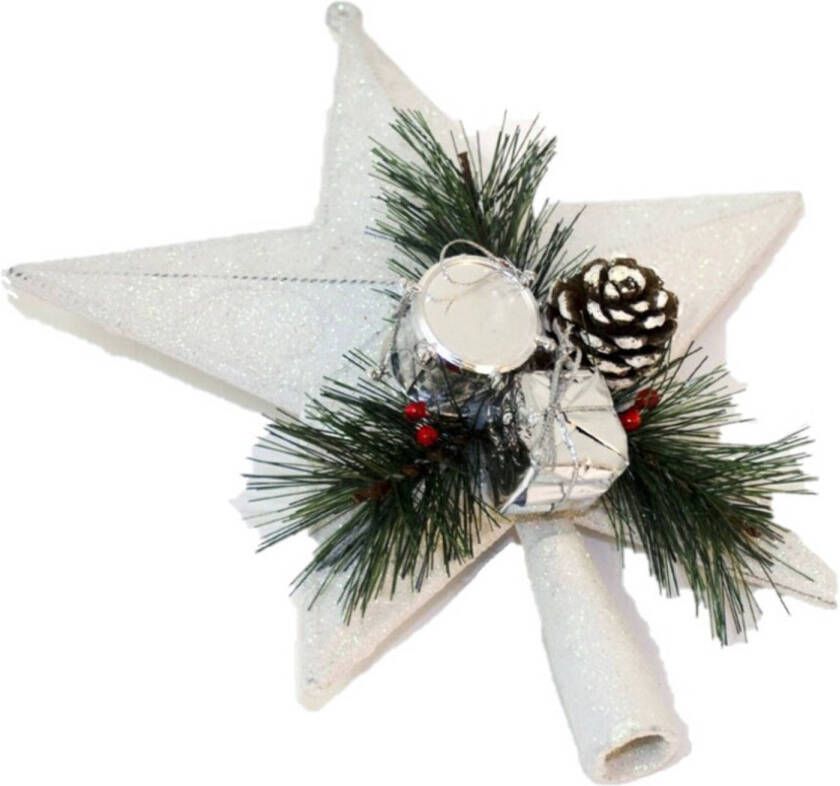 Gerimport Kunststof kerstboom ster piek wit 21 cm Kerstpieken met decoratie kerstboompieken