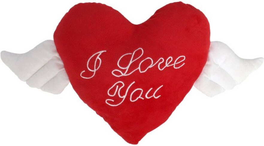 Gerimport Pluche valentijn hartjes kussen vleugeltjes I Love you 65 x 30 cm Knuffelkussen