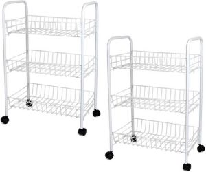 Gerim Set van 2x stuks witte keuken trolleys met manden op wielen 40 x 26 x 62 cm Keuken badkamer rekje van metaal Opberg trolley