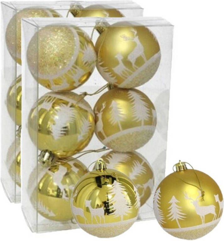 Gerimport 12x stuks gedecoreerde kerstballen goud kunststof 6 cm Kerstbal