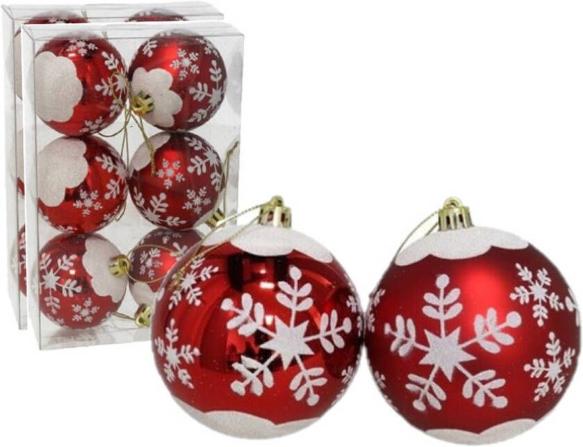 Gerimport 12x stuks gedecoreerde kerstballen rood kunststof 6 cm Kerstbal