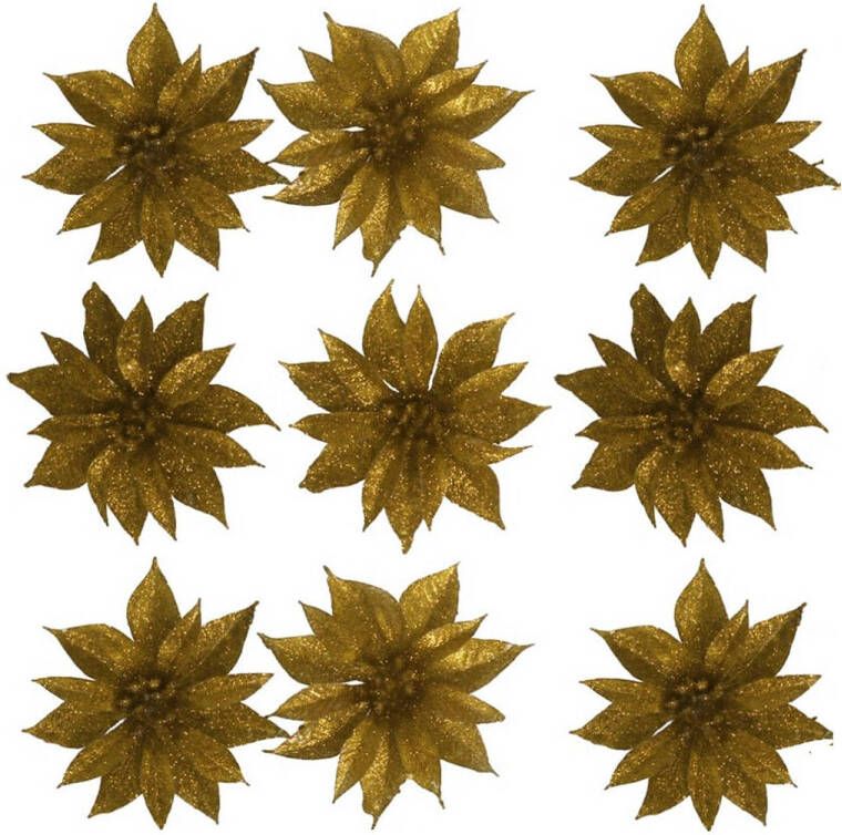 Gerimport 12x stuks glitter decoratie bloemen op clip goud 9.5 cm Kunstbloemen