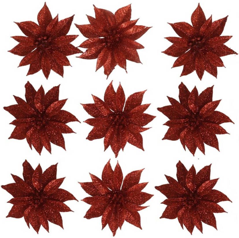 Gerimport 12x stuks glitter decoratie bloemen op clip rood 9.5 cm Kunstbloemen