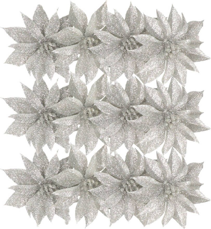 Gerimport 12x stuks glitter decoratie bloemen op clip zilver 9.5 cm Kunstbloemen