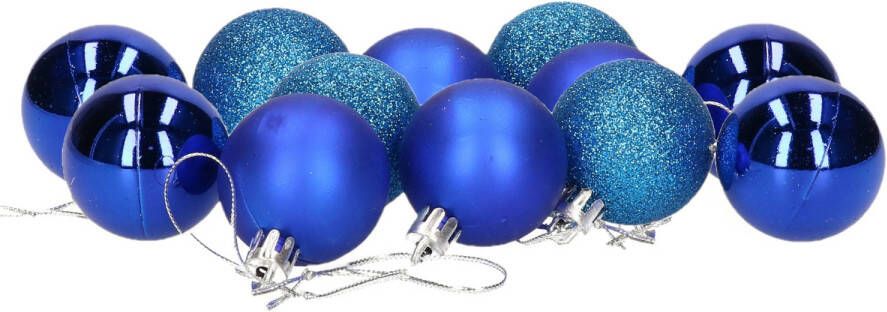 Gerimport 12x stuks kerstballen blauw mix van mat glans glitter kunststof 4 cm Kerstbal