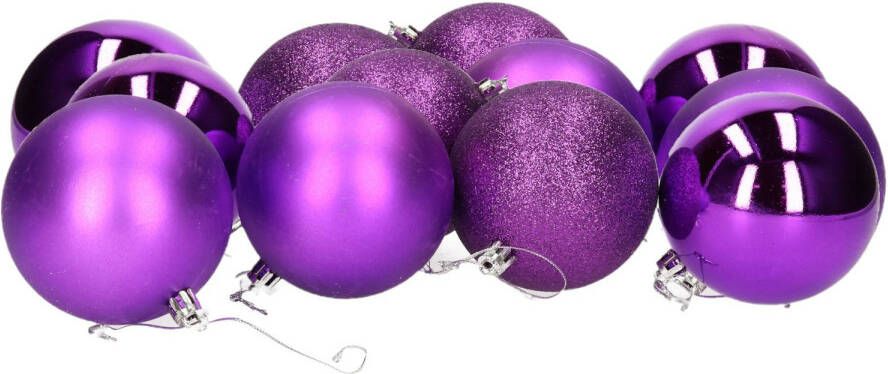 Gerimport 12x stuks kerstballen paars mix van mat glans glitter kunststof 8 cm Kerstbal