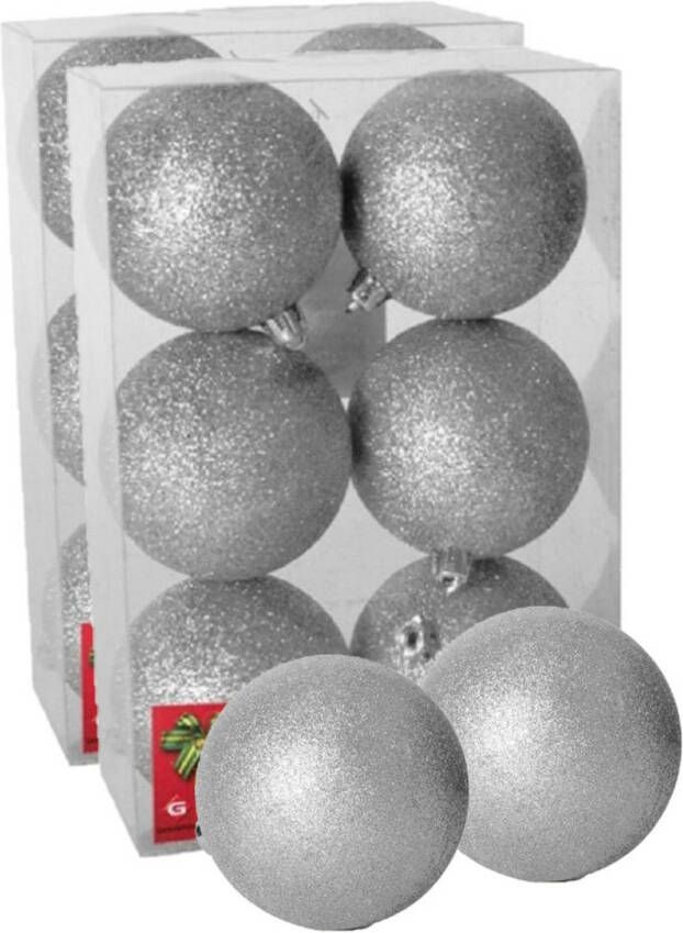 Gerimport 12x stuks kerstballen zilver glitters kunststof 8 cm Kerstbal