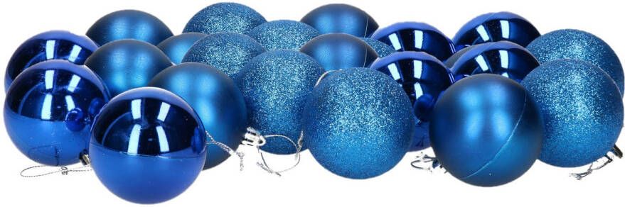 Gerimport 24x stuks kerstballen blauw mix van mat glans glitter kunststof 6 cm Kerstbal