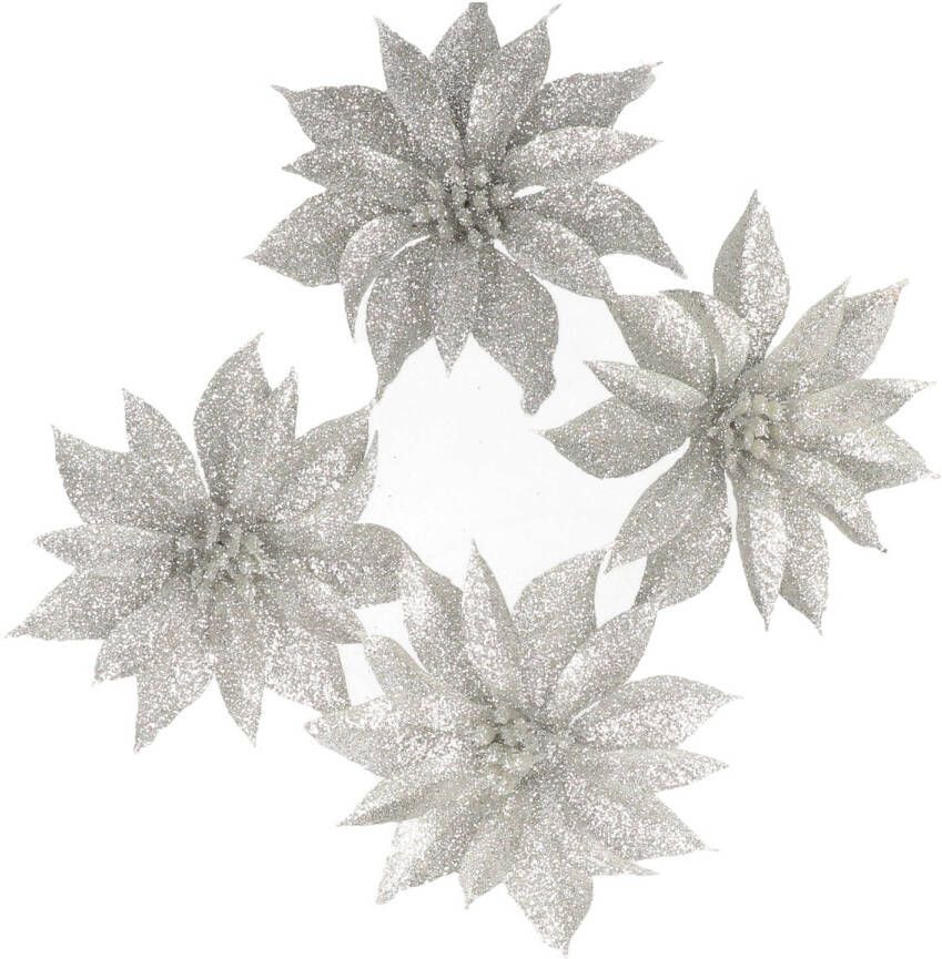 Gerimport 4x stuks kerstboom decoratie bloemen op clip zilver glitter 9.5 cm Kersthangers