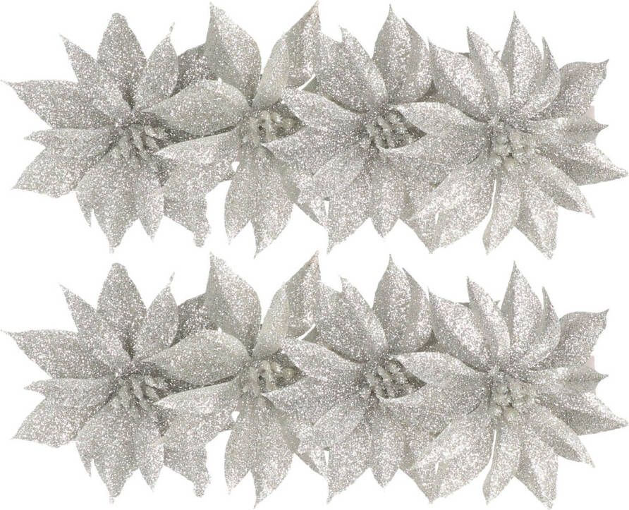 Gerimport 8x stuks glitter decoratie bloemen op clip zilver 9.5 cm Kunstbloemen