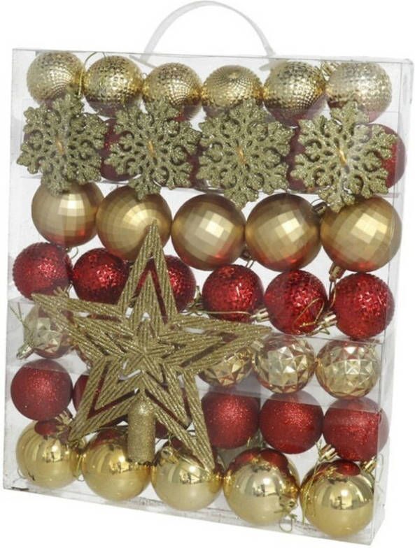 Gerimport Gerimimport Kerstballen set met ster piek 57-delig kunststof rood goud Kerstbal