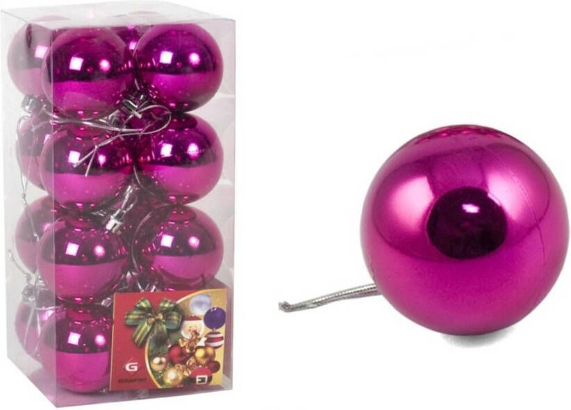 Gerimport Kerstballen 16x stuks -fuchsia roze glansA - 5 cm kunststof Kerstbal