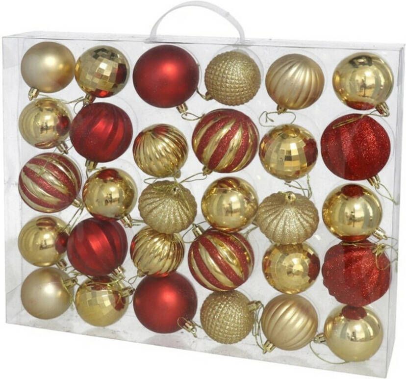 Gerimport Kerstballen 54ST gedecoreerd kunststof goud rood Kerstbal