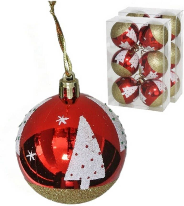 Gerimport Kerstballen gedecoreerd 12x 6 cm kunststof -rood met kerstboom Kerstbal