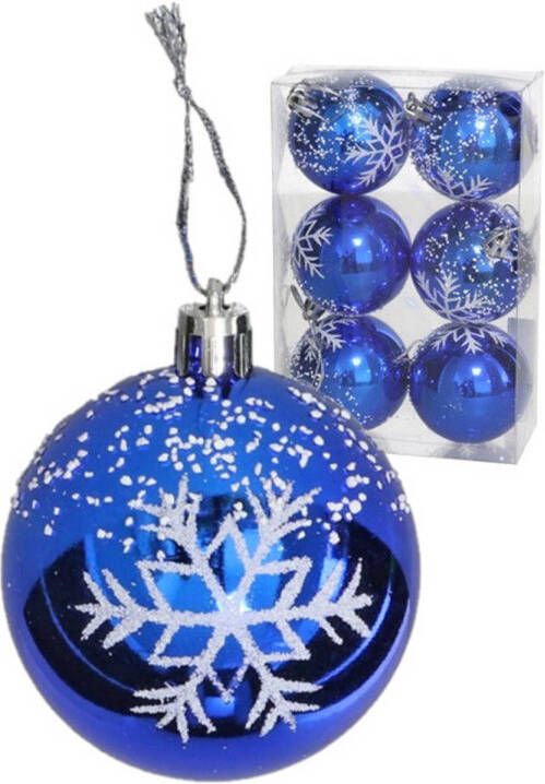 Gerimport Kerstballen gedecoreerd 6x st 6 cm kunststof blauw Kerstbal