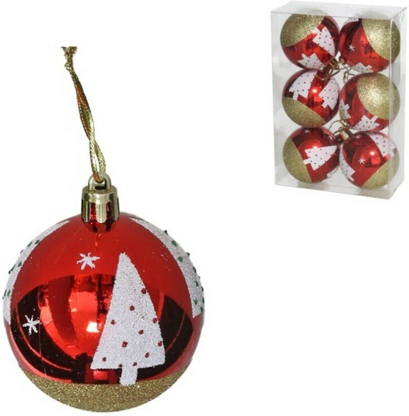 Gerimport Kerstballen gedecoreerd 6x st 6 cm kunststof rood met kerstboom Kerstbal