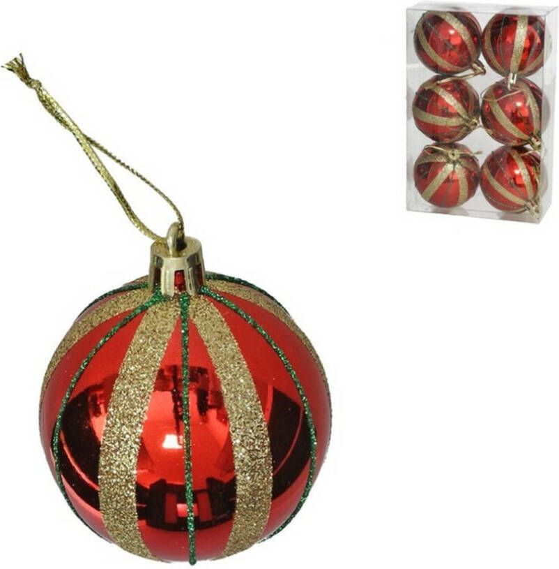 Gerimport Kerstballen gedecoreerd 6x st 6 cm kunststof rood goud Kerstbal