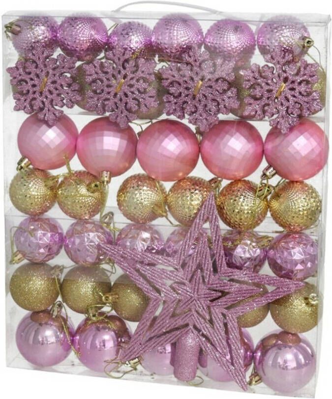 Gerimport Kerstballen met ster piek 57-delig roze goud kunststof Kerstbal