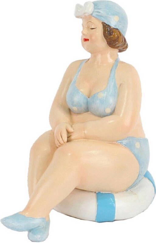 Gerkimex Home decoratie beeldje dikke dame zittend blauw badpak 11 cm Beeldjes
