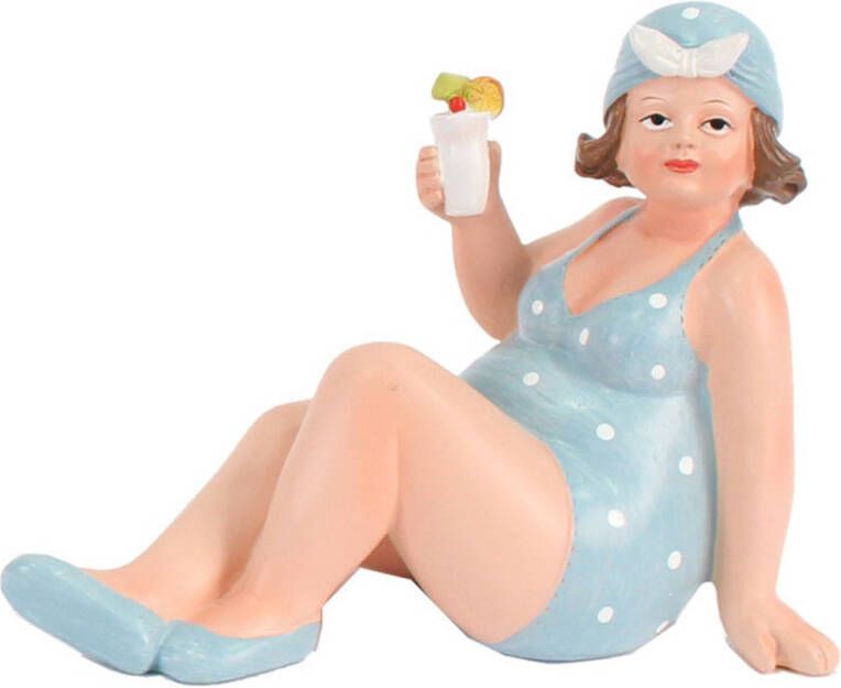 Gerkimex Home decoratie beeldje dikke dame zittend blauw badpak 17 cm Beeldjes