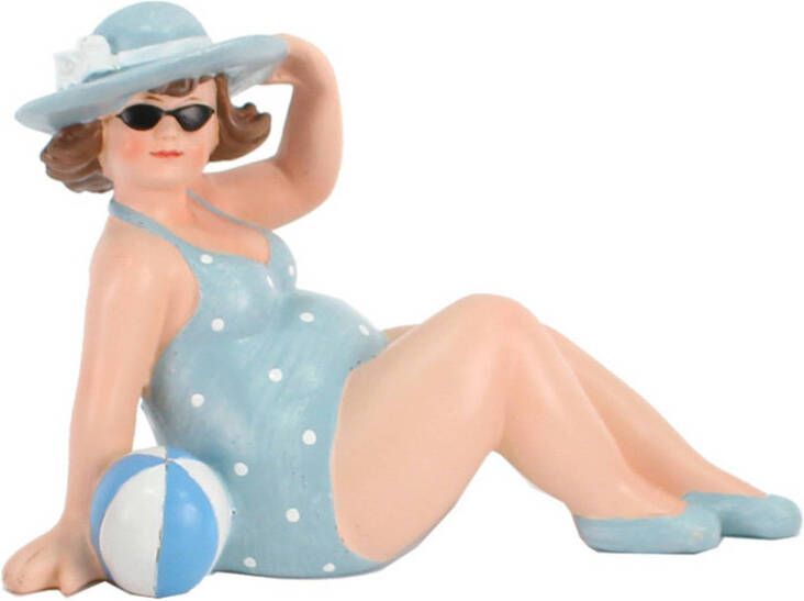 Gerkimex Home decoratie beeldje dikke dame zittend blauw badpak 17 cm Beeldjes