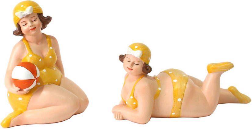 Gerkimex Woonkamer decoratie beeldjes set van 2 dikke dames geel badpak 11 cm Beeldjes