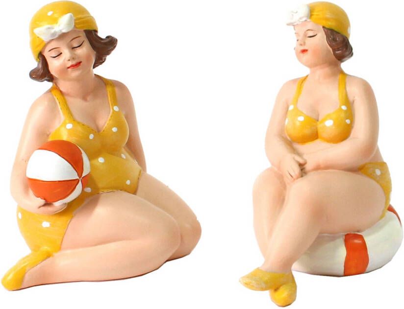 Gerkimex Woonkamer decoratie beeldjes set van 2 dikke dames geel badpak 11 cm Beeldjes