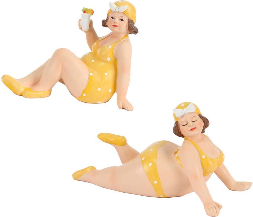 Gerkimex Woonkamer decoratie beeldjes set van 2 dikke dames geel badpak 17 cm Beeldjes