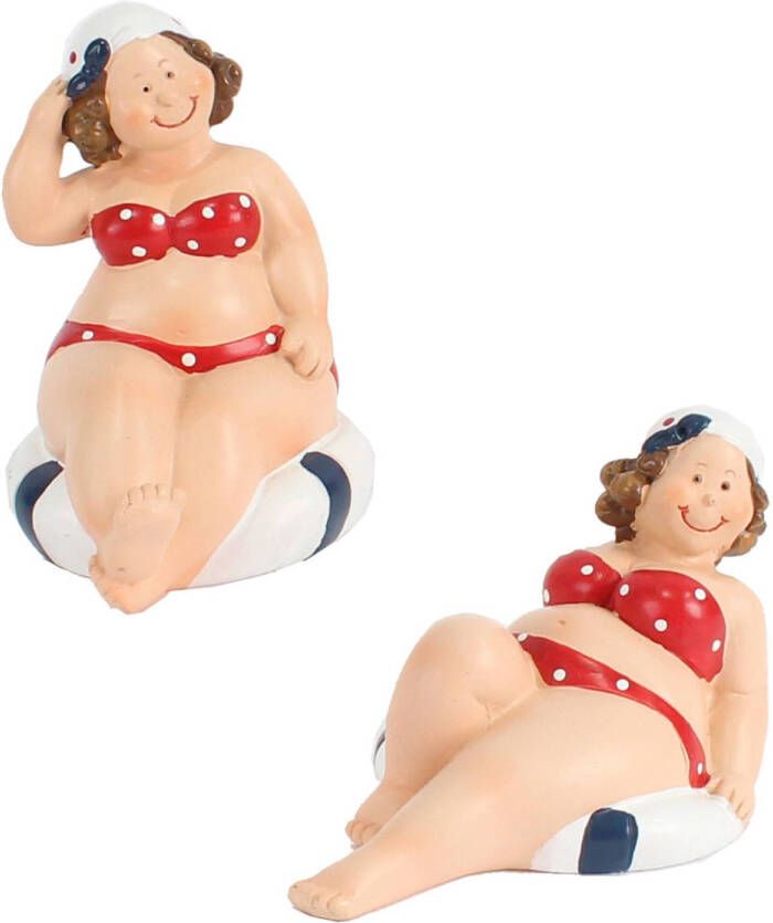 Gerkimex Woonkamer decoratie beeldjes set van 2 dikke dames rood badpak 10 cm Beeldjes