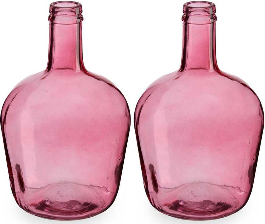 Giftdeco Bloemenvazen 2x stuks flessen model glas roze transparant 19 x 31 cm Vazen
