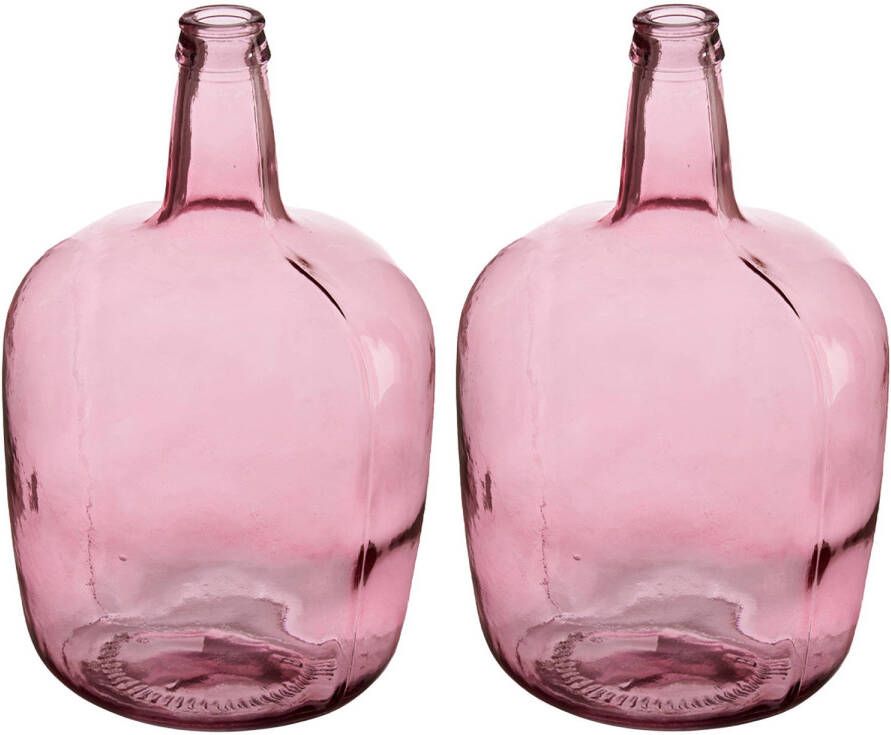 Giftdeco Bloemenvazen 2x stuks flessen model glas roze transparant 22 x 39 cm Vazen